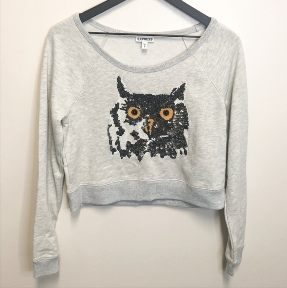 Express Cropped Sequin Lace Heathered Grey Owl Sweatshirt Women's Small S EUC - Picture 2 of 7